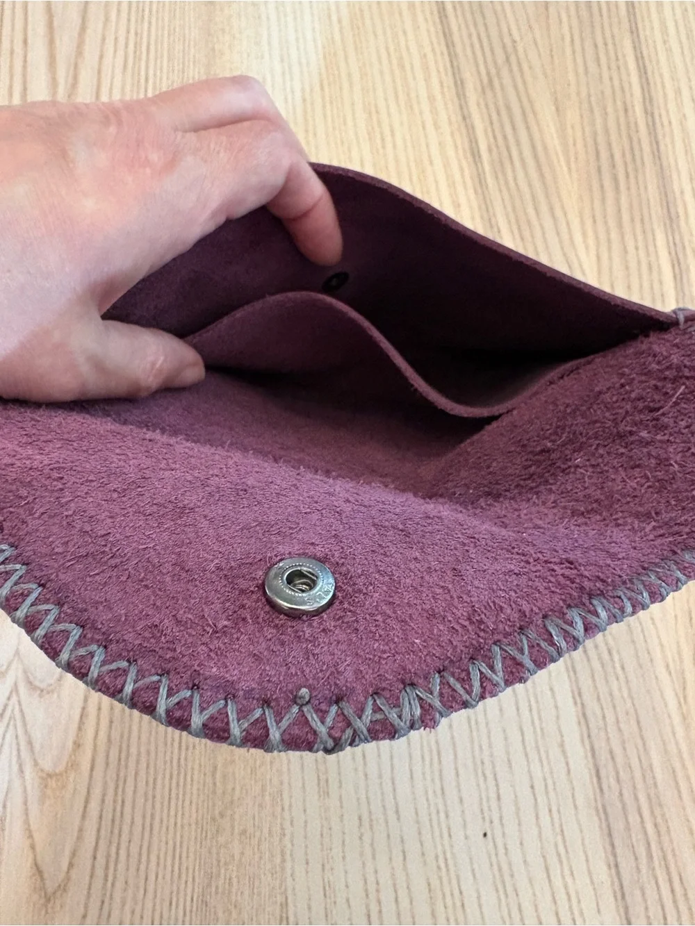 Plum Leather Envelope Pouch with Whipstitch Trim